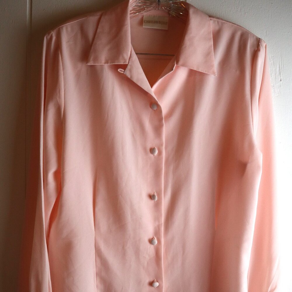 Vintage Christie & Jill Peach Button Down Polyester Dress Shirt Womens 12